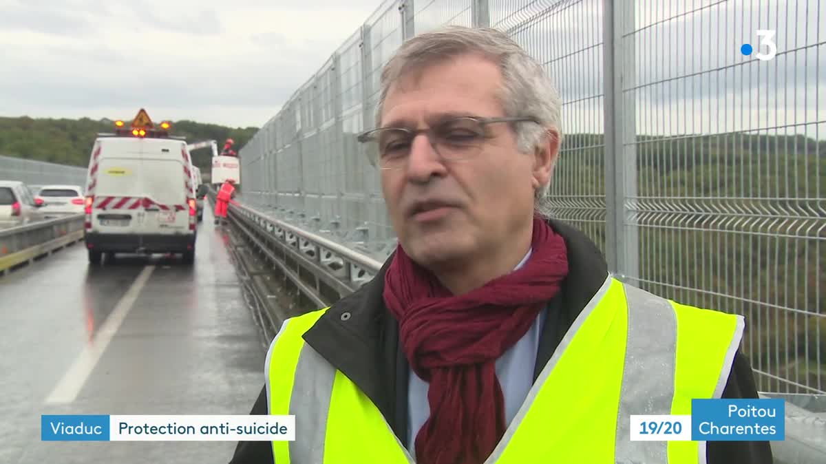 Les travaux de pose de panneaux grillagés sur le viaduc de l'Anguienne, mardi 15 novembre 2022.