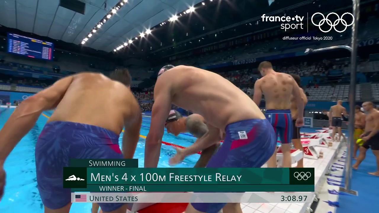 Les nageurs français du 4x100 mètres nage libre, après un bon départ, terminent à la sixième place de la finale olympique. Caeleb Dressel, avec les USA, remporte son premier titre de la semaine.