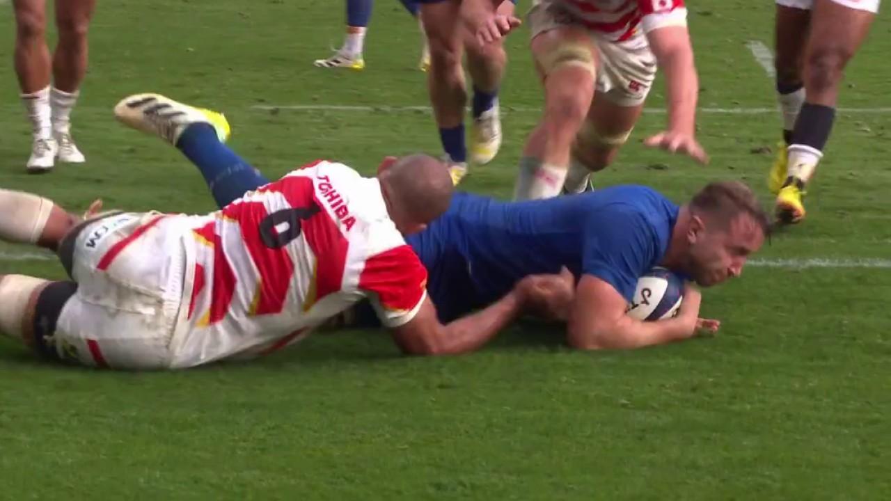 Les Bleus marquent en moyenne 30 points par match lors de leurs dix dernières sorties, la statistique va perdurer. La France mène 35 - 17 face aux Japonais après un quatrième essai, avec Anthony Jellonch à la conclusion.