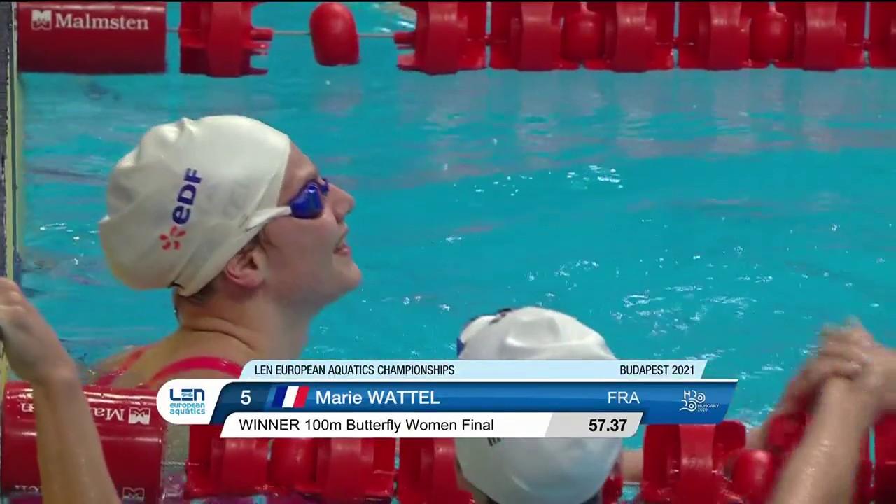 La Française Marie Wattel décroche son premier sacre européen au terme de la finale du 100 m papillon ! Elle obtient le même temps que la Grecque Anna Ntountounaki (57.37).