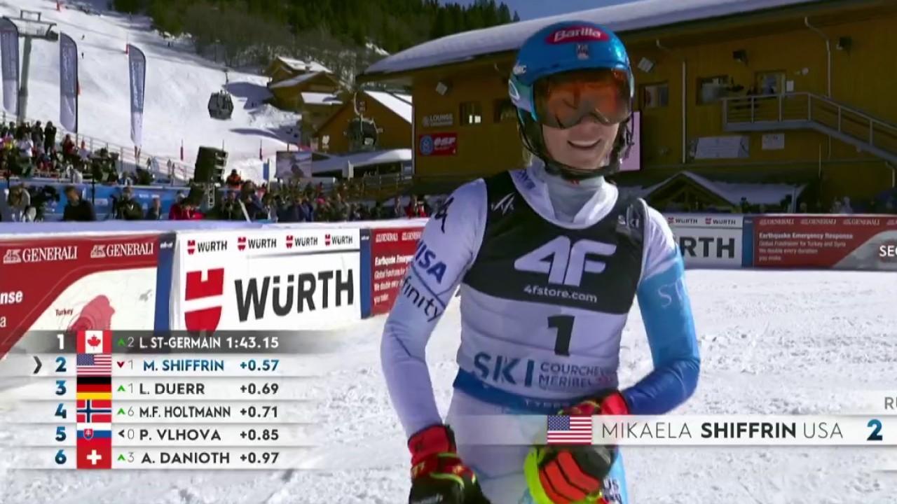 Déjà championne du monde à 4 reprises sur le slalom, Mikaela Shiffrin n'a pu rattraper son début de 2e manche délicat. L'Américaine se classe 2e et laisse l'inimaginable se produire : la Canadienne Laurence St-Germain, dossard 18, est sacrée sur le slalom.