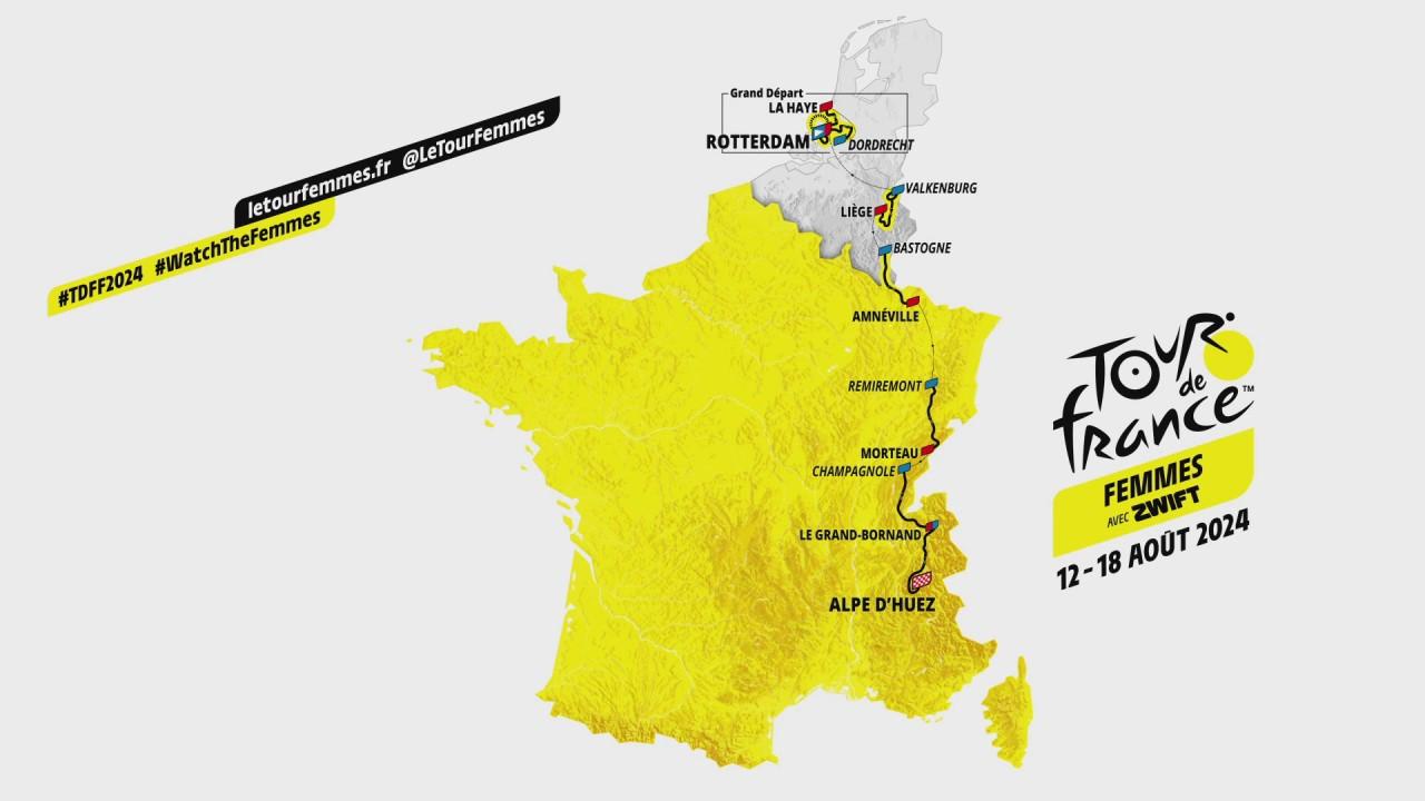 Découvrez le parcours officiel de la 3e édition du Tour de France Femmes, avec pour cette édition 2024 un grand départ des Pays-Bas ! Le lundi 12 août les coureuses s'élanceront de Rotterdam, pour arriver à l'Alpe d'Huez le dimanche 18 août.