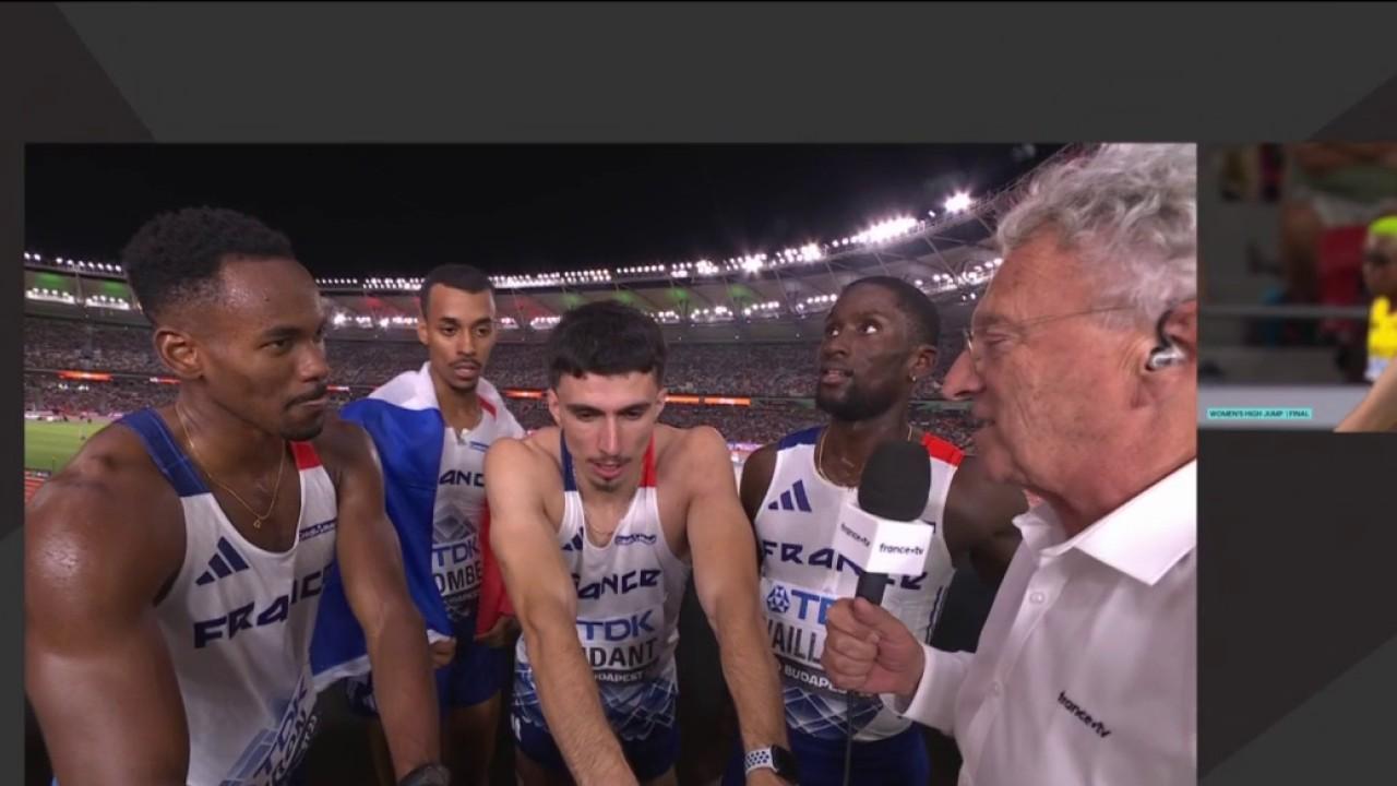 Ludvy Vaillant, Gilles Biron, David Sombe et Téo Andant, membres du relais 4x400 m de l'équipe de France lors de ces Mondiaux de Budapest, ont exprimé leur joie au micro de Nelson Monfort d'avoir décroché la première et l'unique médaille du clan tricolore.