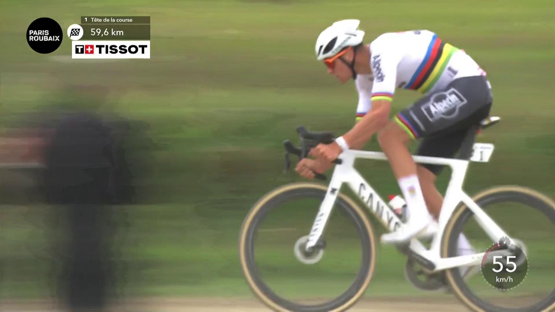 The reigning world champion, Mathieu van der Poel, after being forgotten for several kilometers, has just launched a breakaway less than 60 km from the finish.  After having achieved a good performance in the Trouée d'Arenberg, the Dutchman is now ahead of his pursuers.