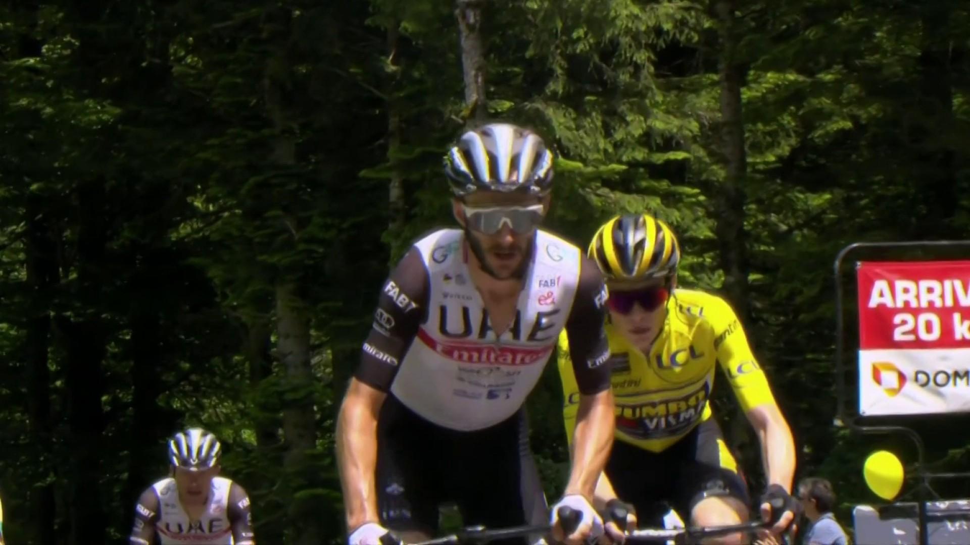 À 20 kilomètres de l'arrivée ca bouge dans le groupe maillot jaune. C'est Adam Yates qui attaque et seul le leader Jonas Vingegaard parvient à le suivre !