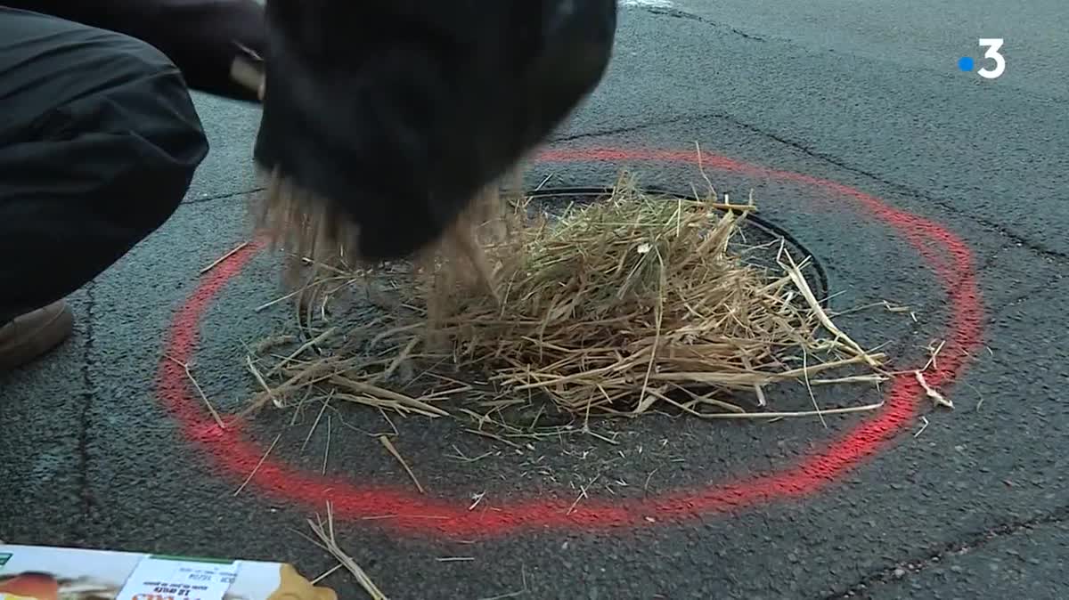 Marquage au sol, paille et œufs décorés aux couleurs de Pâques pour dénoncer l'état des infrastructures routières.