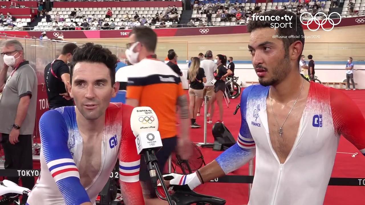 Benjamin Thomas et Donavan Grondin réagissent après leur course couronnée d'une médaille de bronze.