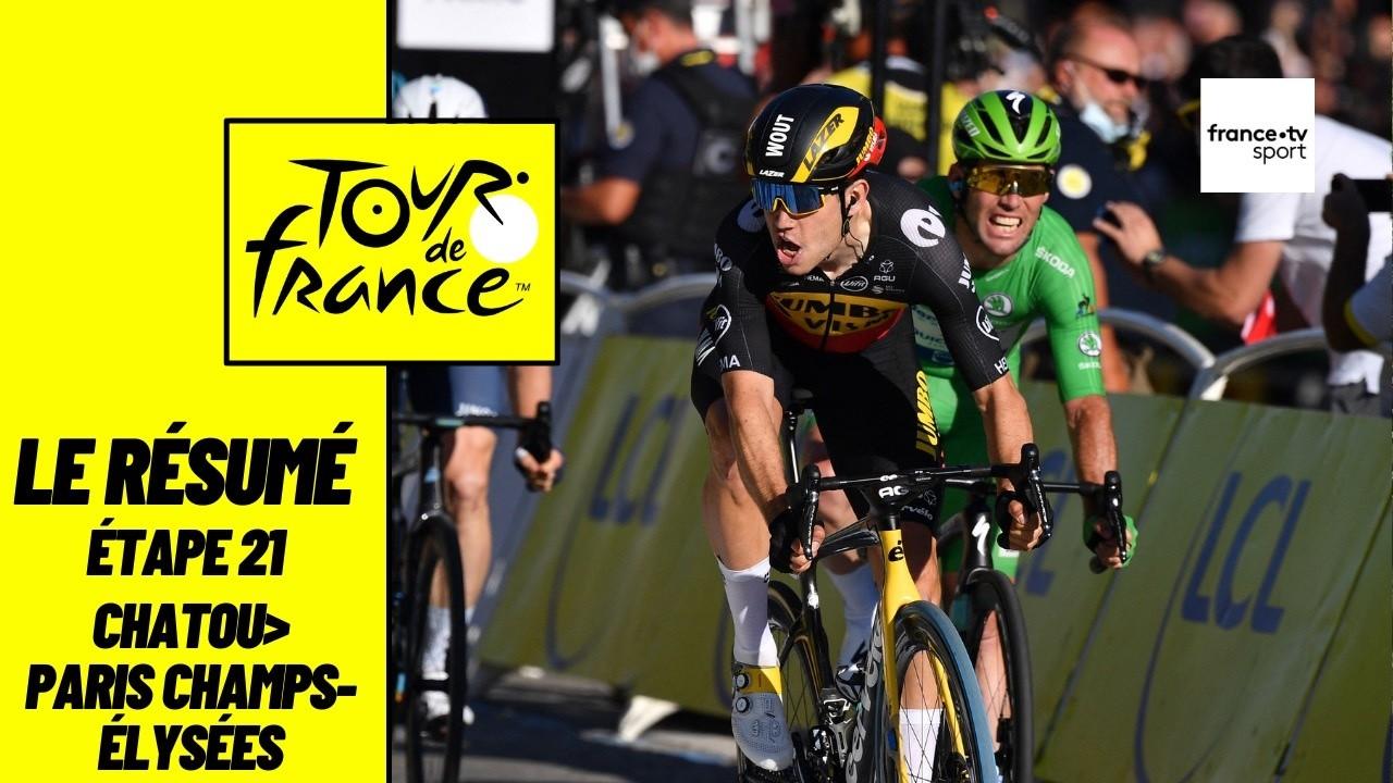 Wout van Aert, l'homme à tout faire, remporte sa 3e étape sur ce Tour de France et celle-ci est de prestige. Le Belge s'impose sur les Champs-Elysées devant Jasper Philipsen et Mark Cavendish. Le Britannique ne battra donc pas le record d'Eddy Merckx cette année mais se consolera avec le gain du maillot vert. De son côté, Tadej Pogacar s'offre une deuxième Grande Boucle consécutive à seulement 22 ans.