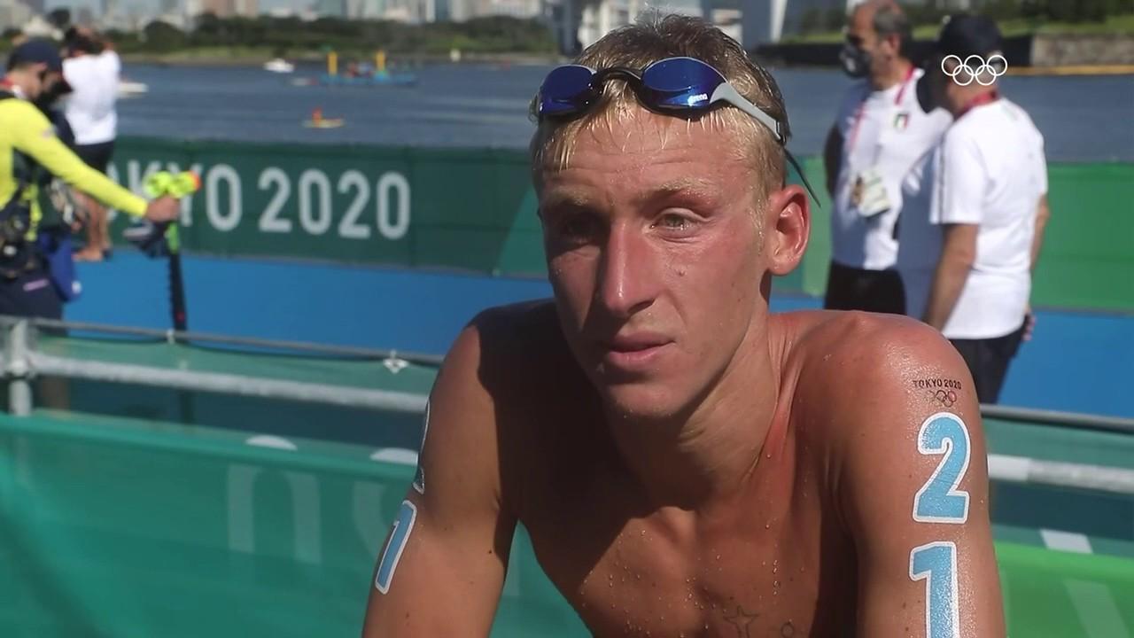 Marc-Antoine Olivier, extrêmement déçu suite à sa sixième place sur le 10 km en eau libre. Le Français semble être dans l'incompréhension de sa performance.