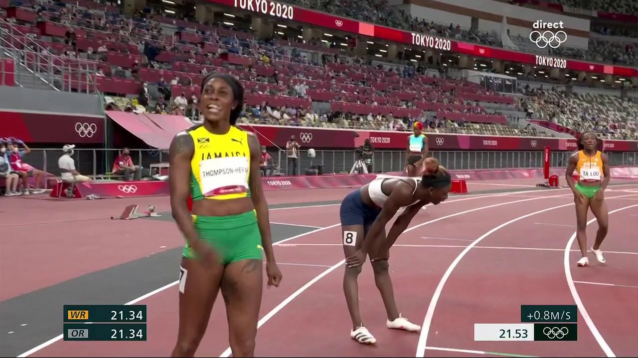 Elaine Thompson-Herah remporte le 200 m en 21"53, nouveau record de Jamaïque ! Elle réalise ainsi le doublé 100 m/200 m comme à Rio de Janeiro en 2016;