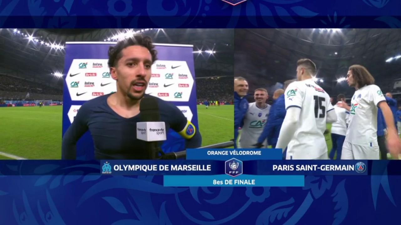 Le capitaine brésilien du PSG, Marquinhos, réagit à la défaite et à l'élimination du PSG sur la pelouse du Vélodrome (2 - 1), la première ici pour lui et la première pour Paris en Coupe de France dans l'histoire.