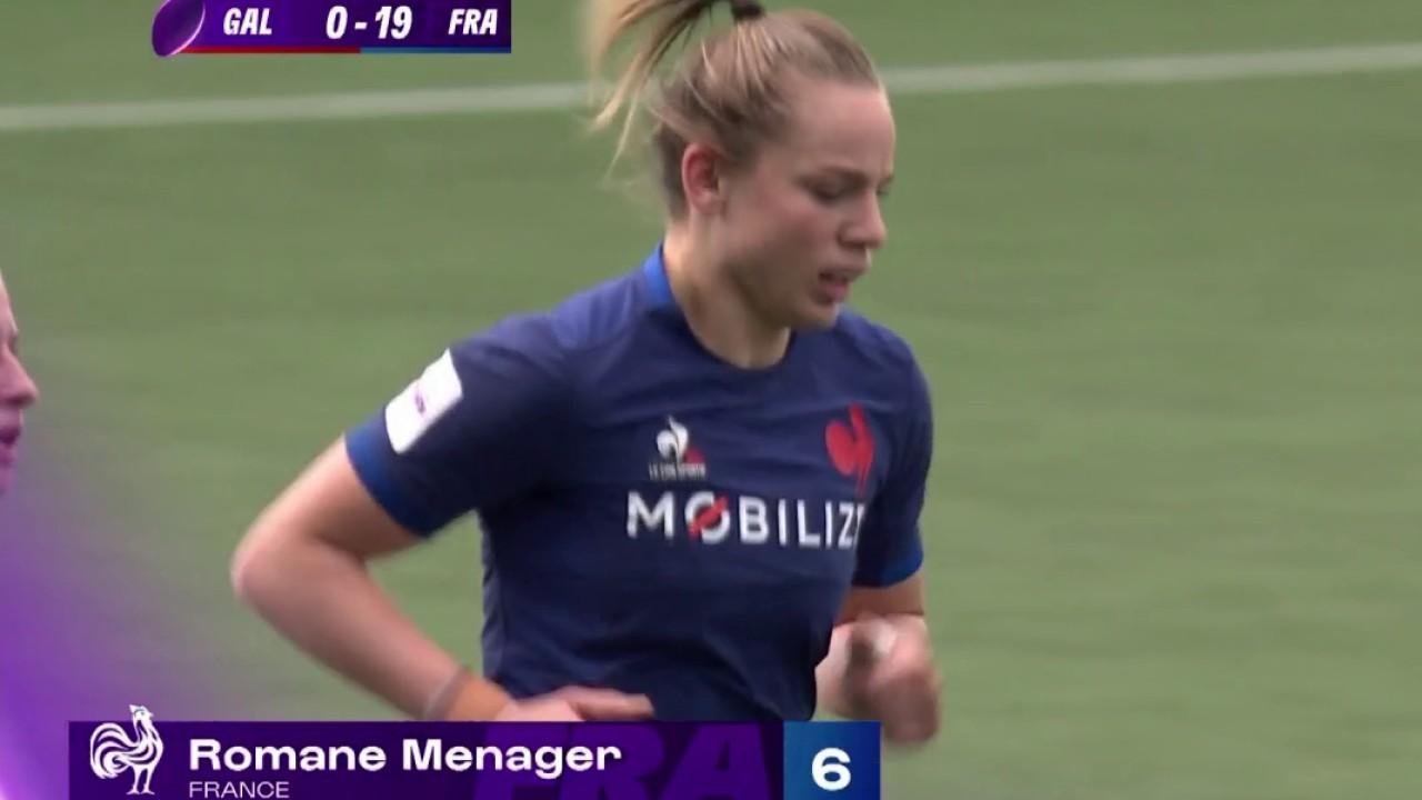 Les Bleues récupèrent le ballon sur une mêlée galloise et partent immédiatement en contre-attaque sous l'impulsion de Teani Feleu qui s'échappe petit côté, échappe à un plaquage et sert superbement Romane Ménager pour le troisième essai des Bleues. La transformation est manquée par Lina Queyroi.